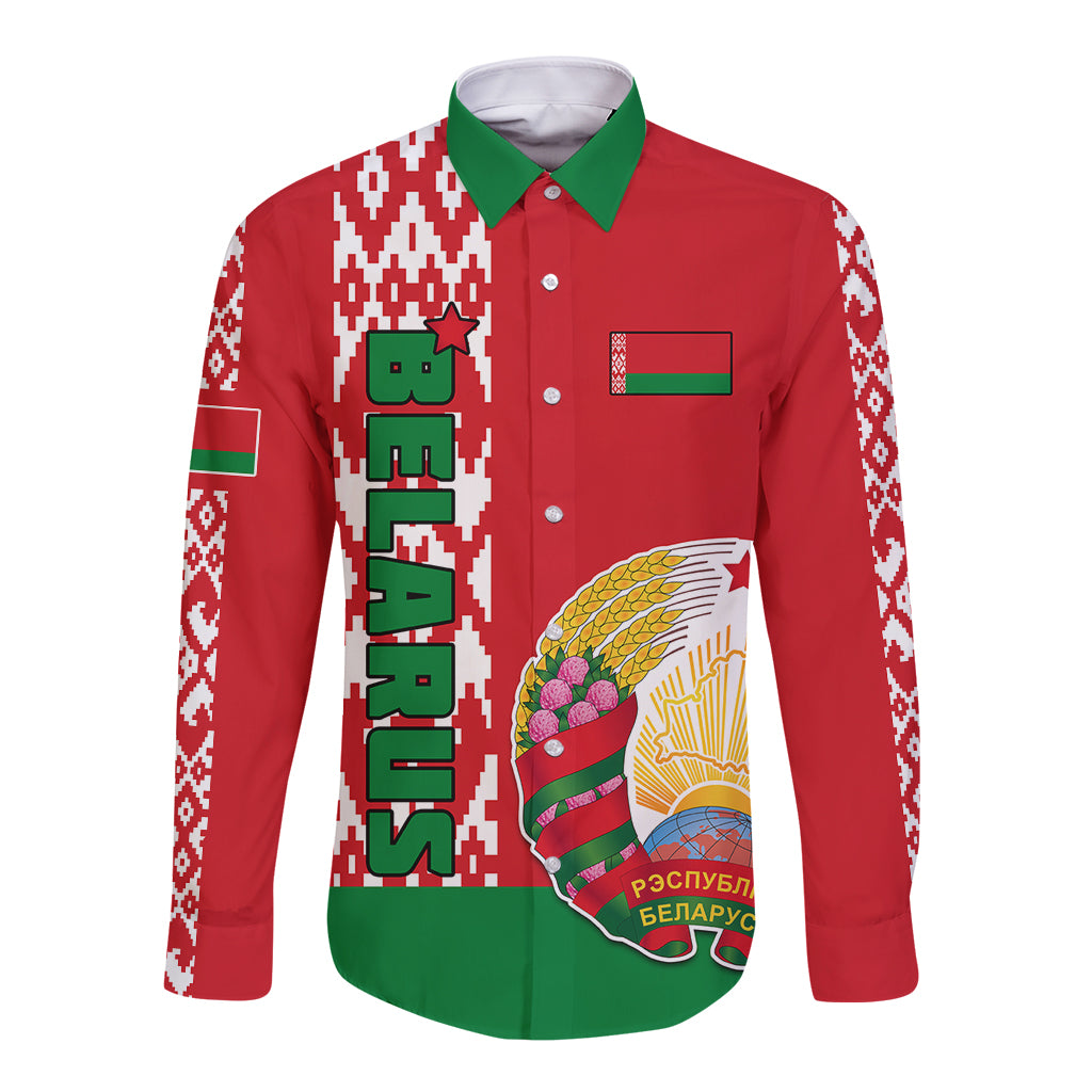 Red long-sleeve button shirt with green collar and Belarus coat-of-arms front print