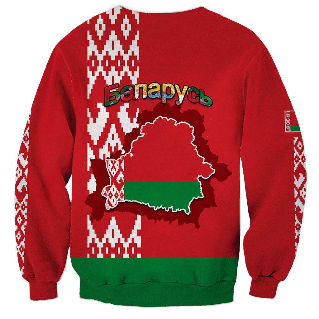 Red unisex sweatshirt back with Belarus outline, Cyrillic text, and patterned sleeves