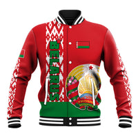Red varsity baseball jacket with striped collar, Belarus crest and flag patch