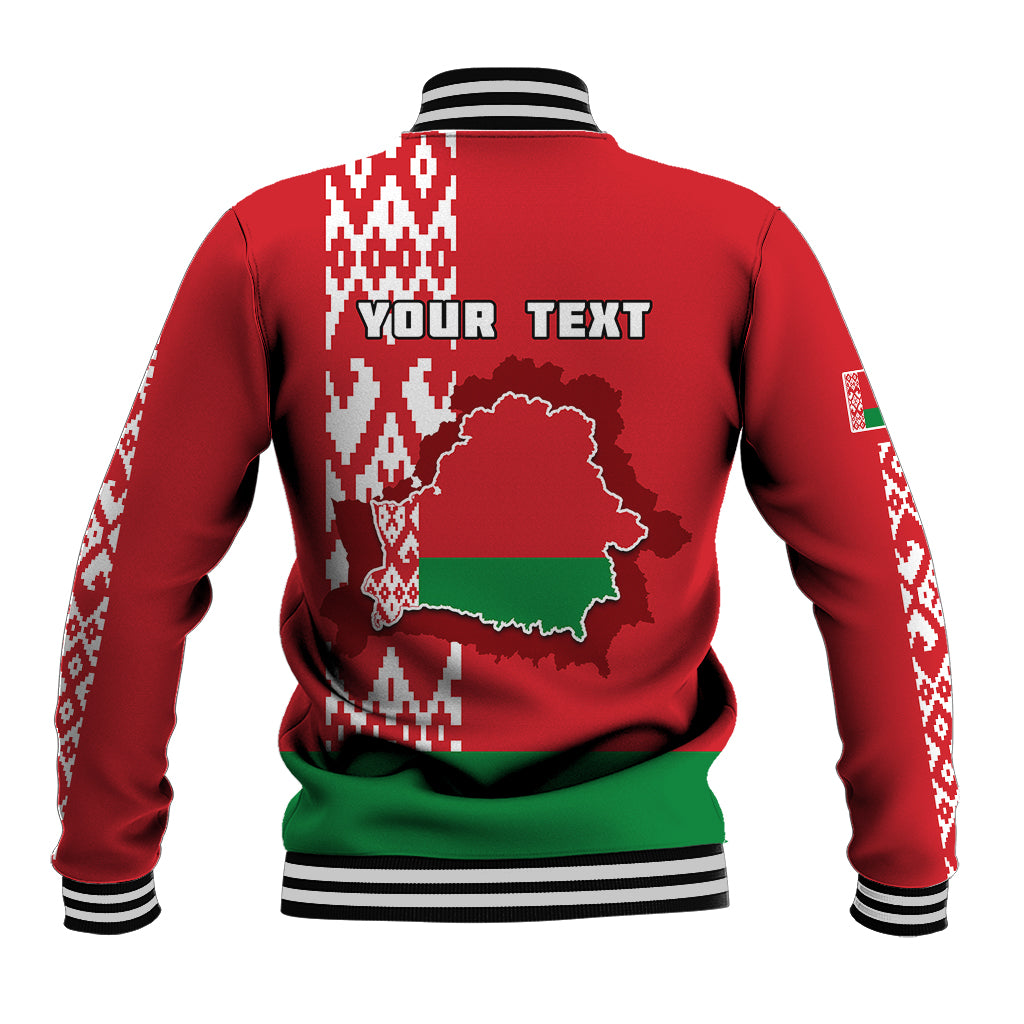 Red varsity baseball jacket with striped cuffs, Belarus map graphic and your text