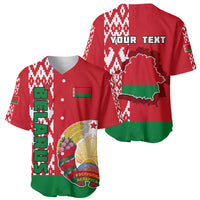 Red baseball jersey with Belarus flag trim; front coat-of-arms and map graphic