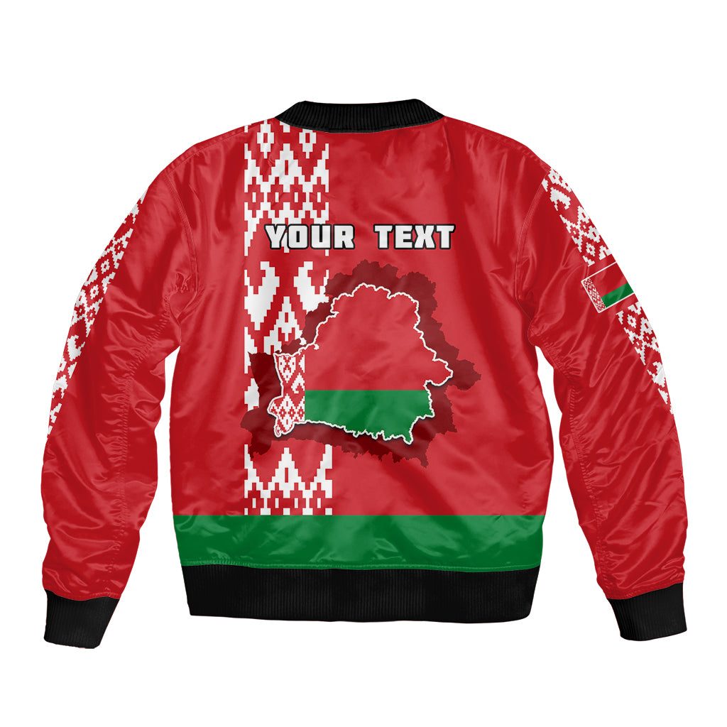 Red bomber jacket back with country map graphic, patterned band, and 'YOUR TEXT'
