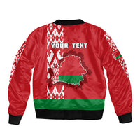 Red bomber jacket back with country map graphic, patterned band, and 'YOUR TEXT'