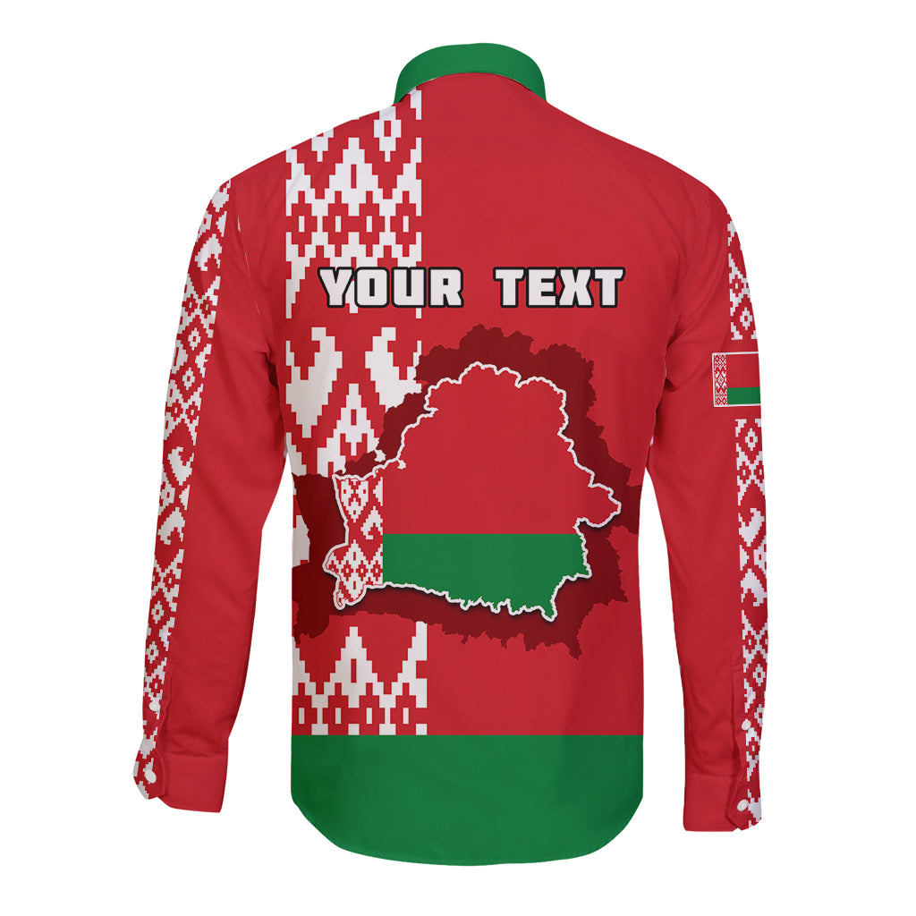 Long-sleeve button shirt red with green hem, white ornaments, and Belarus map text