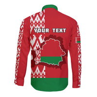Long-sleeve button shirt red with green hem, white ornaments, and Belarus map text
