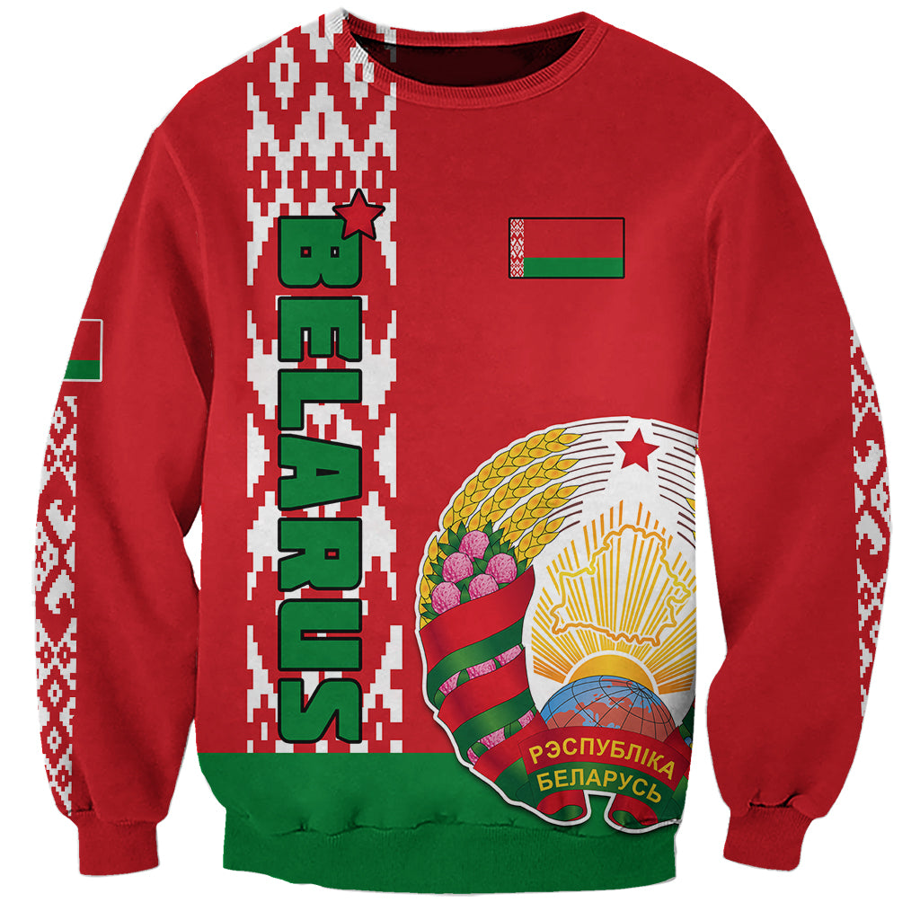 Red unisex sweatshirt with Belarus coat-of-arms graphic and flag patch on front