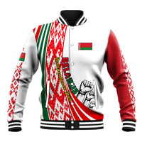 White baseball jacket with Belarus-style flag graphic panels and snap buttons