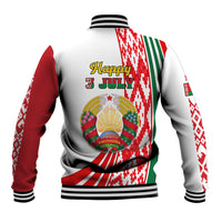 White baseball jacket with 'Happy 3 July' crest graphic and striped ribbed trim
