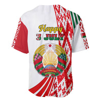 White baseball jersey with “Happy July” graphic and Belarus emblem on back