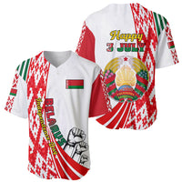 White baseball jersey showing Belarus flag chest logo and “Happy July” back emblem
