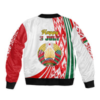 White bomber jacket with red sleeves, green/red flag trim, 'Happy JULY' back print, rib hem