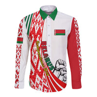 White long-sleeve button shirt with green collar and red/green Belarus flag-style graphics
