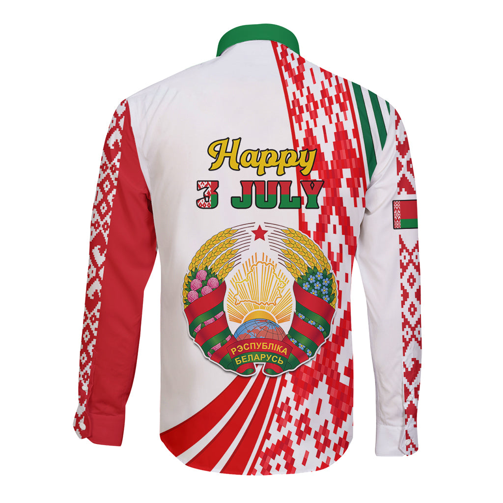 White long-sleeve button shirt, green collar, back with Happy July text and emblem