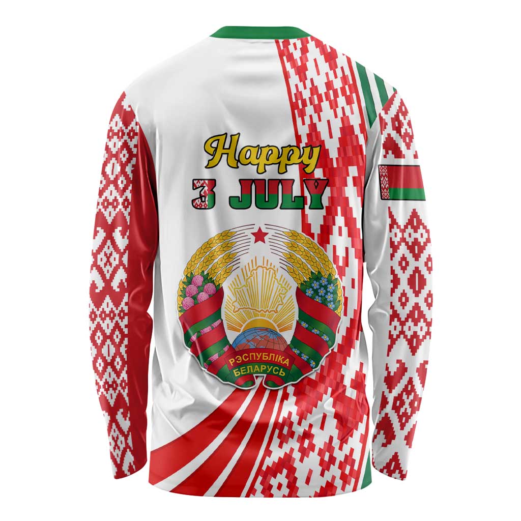 Unisex white long-sleeve shirt back with Happy 3 July text and Belarus emblem