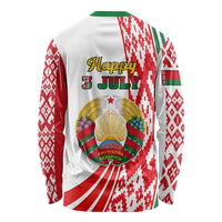 Unisex white long-sleeve shirt back with Happy 3 July text and Belarus emblem