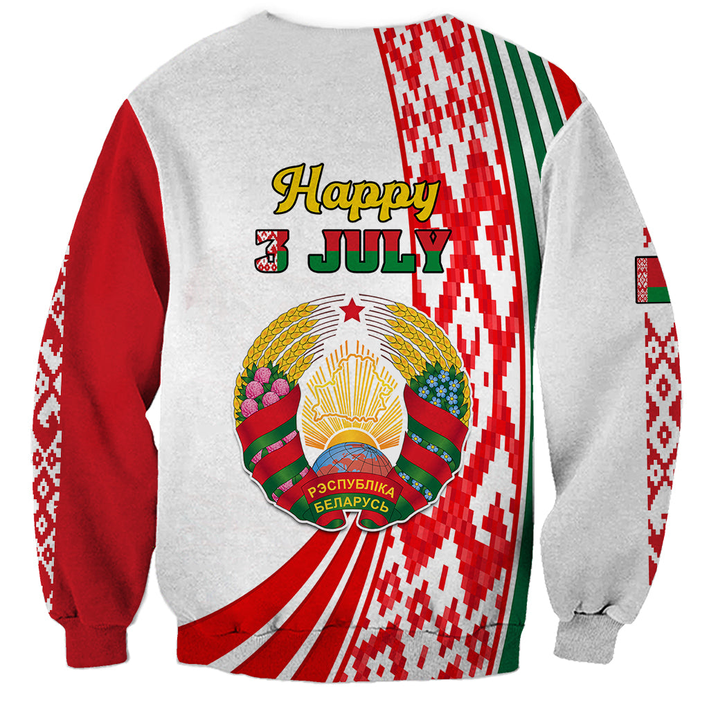 Unisex sweatshirt in white with red and green panels, 'Happy 3 JULY' text and Belarus emblem