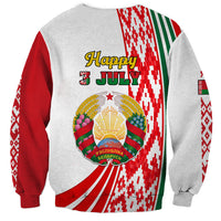 Unisex sweatshirt in white with red and green panels, 'Happy 3 JULY' text and Belarus emblem
