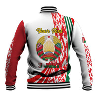 White baseball jacket back graphic with wreath crest and red/green patterned sleeves