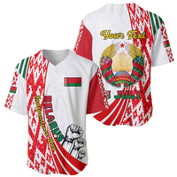 White baseball jersey with Belarus flag artwork, shown front and back views
