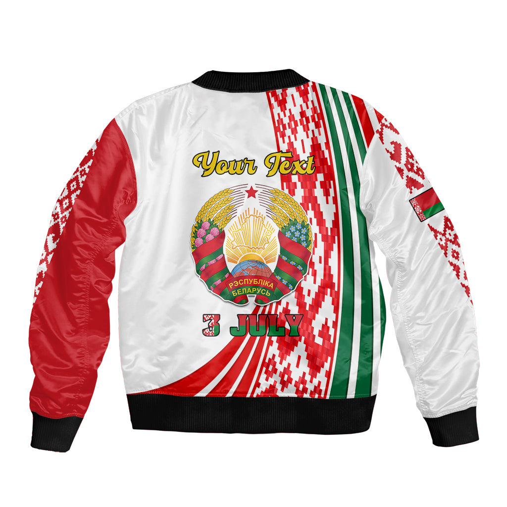 White bomber jacket back print with crest, 'Your Text', '9 July', and red/green panels