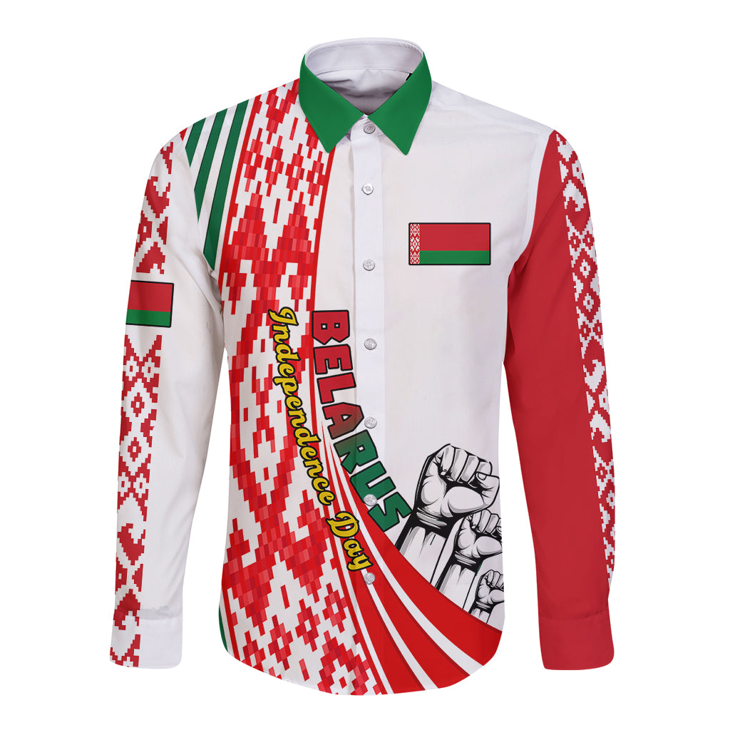 White long-sleeve button shirt with Belarus flag and patterned red green front graphic
