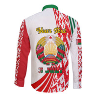 White long-sleeve button shirt with red green back design, crest, and 'Your Text'