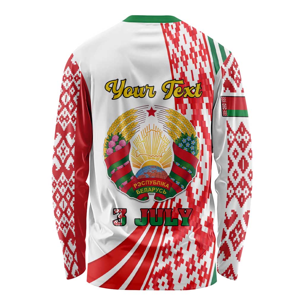White long-sleeve shirt with Belarus emblem, folk red/green sleeves, “JULY” back print