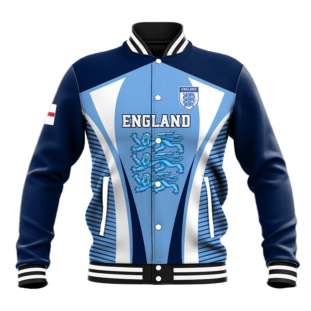 Unisex blue football baseball jacket with white panel stripes, snap front and England crest