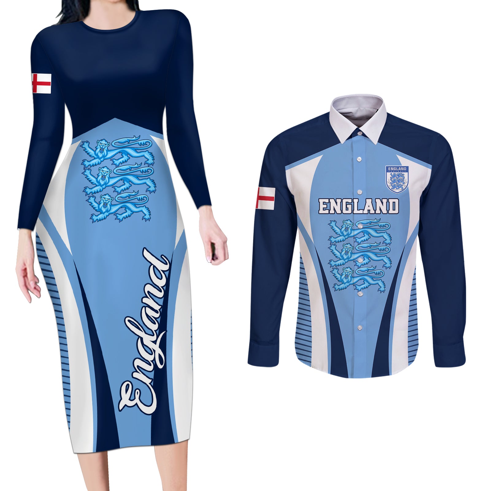 England Football Couples Matching Long Sleeve Bodycon Dress and Long Sleeve Button Shirts Lionesses Blue Sporty Style - Wonder Print Shop