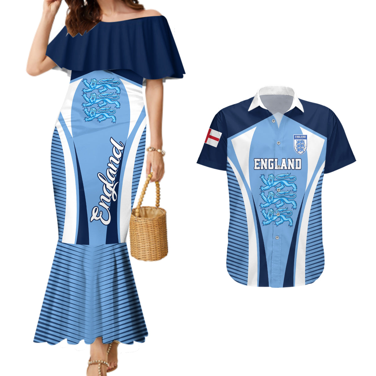 England Football Couples Matching Mermaid Dress And Hawaiian Shirt Lionesses Blue Sporty Style - Wonder Print Shop