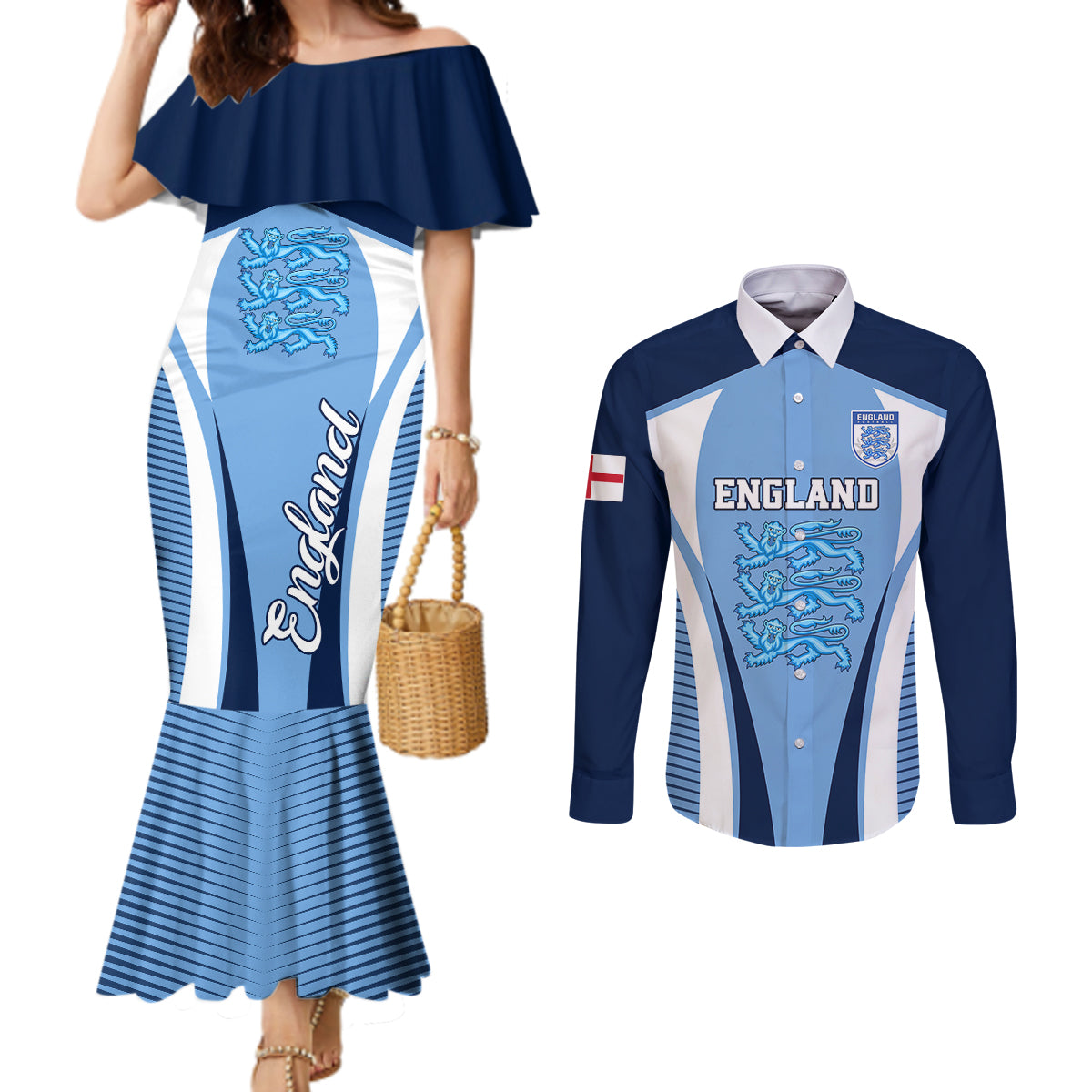 england-football-couples-matching-mermaid-dress-and-long-sleeve-button-shirts-lionesses-blue-sporty-style