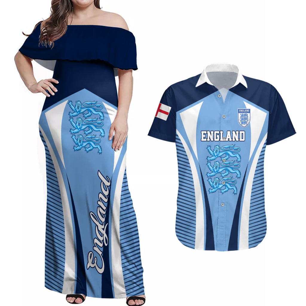 England Football Couples Matching Off Shoulder Maxi Dress and Hawaiian Shirt Lionesses Blue Sporty Style - Wonder Print Shop