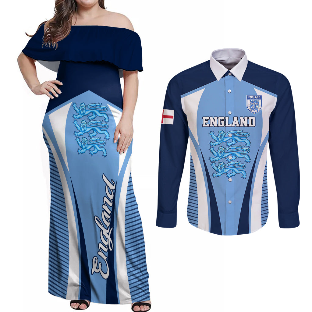 England Football Couples Matching Off Shoulder Maxi Dress and Long Sleeve Button Shirts Lionesses Blue Sporty Style - Wonder Print Shop