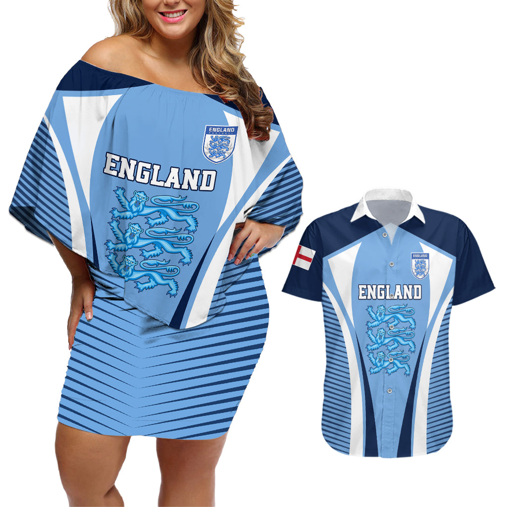 England Football Couples Matching Off Shoulder Short Dress and Hawaiian Shirt Lionesses Blue Sporty Style - Wonder Print Shop