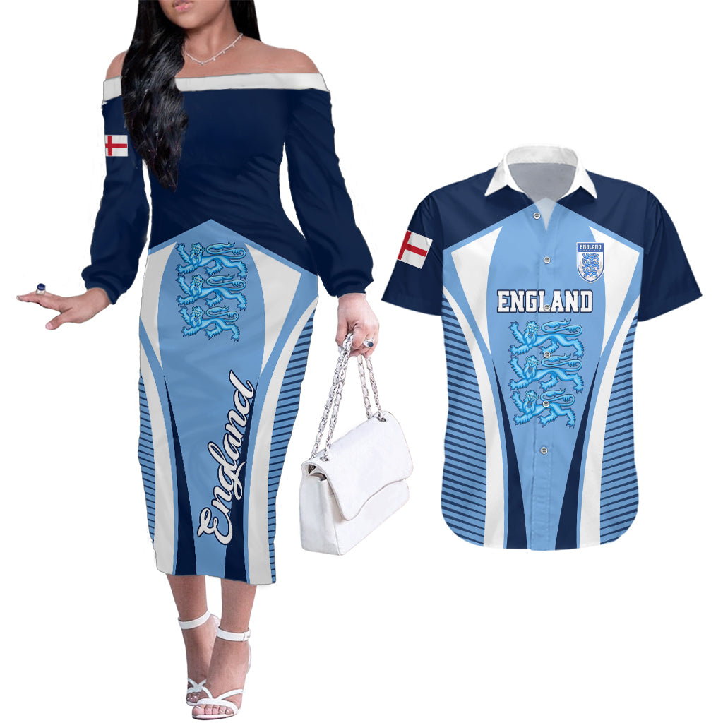 England Football Couples Matching Off The Shoulder Long Sleeve Dress and Hawaiian Shirt Lionesses Blue Sporty Style - Wonder Print Shop