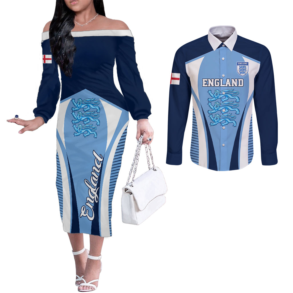 england-football-couples-matching-off-the-shoulder-long-sleeve-dress-and-long-sleeve-button-shirts-lionesses-blue-sporty-style