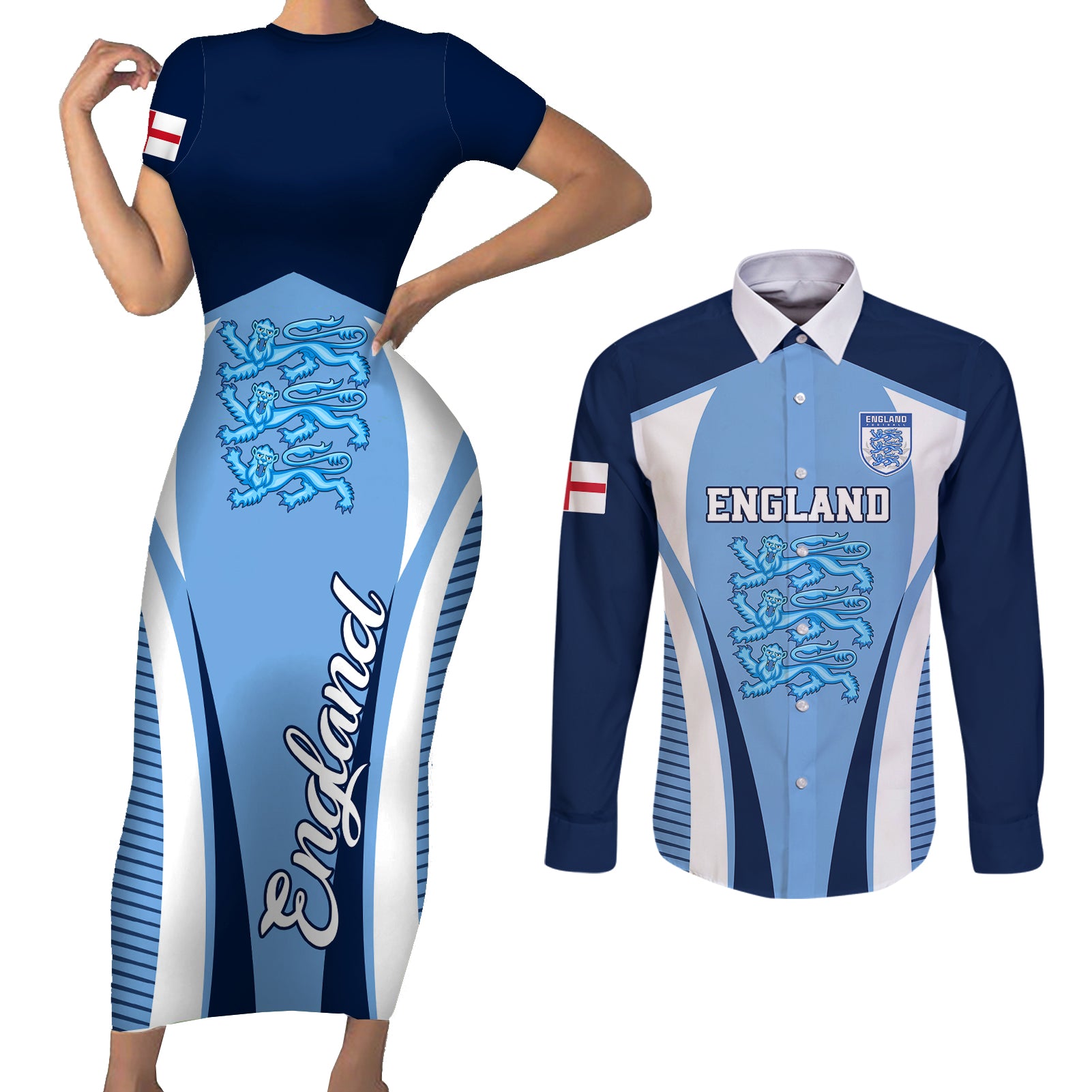 England Football Couples Matching Short Sleeve Bodycon Dress and Long Sleeve Button Shirts Lionesses Blue Sporty Style - Wonder Print Shop