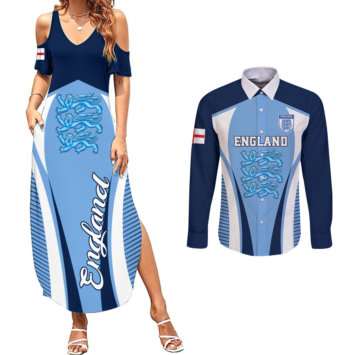 England Football Couples Matching Summer Maxi Dress and Long Sleeve Button Shirts Lionesses Blue Sporty Style - Wonder Print Shop