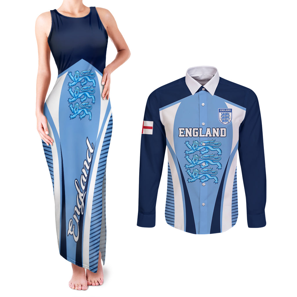 England Football Couples Matching Tank Maxi Dress and Long Sleeve Button Shirts Lionesses Blue Sporty Style - Wonder Print Shop