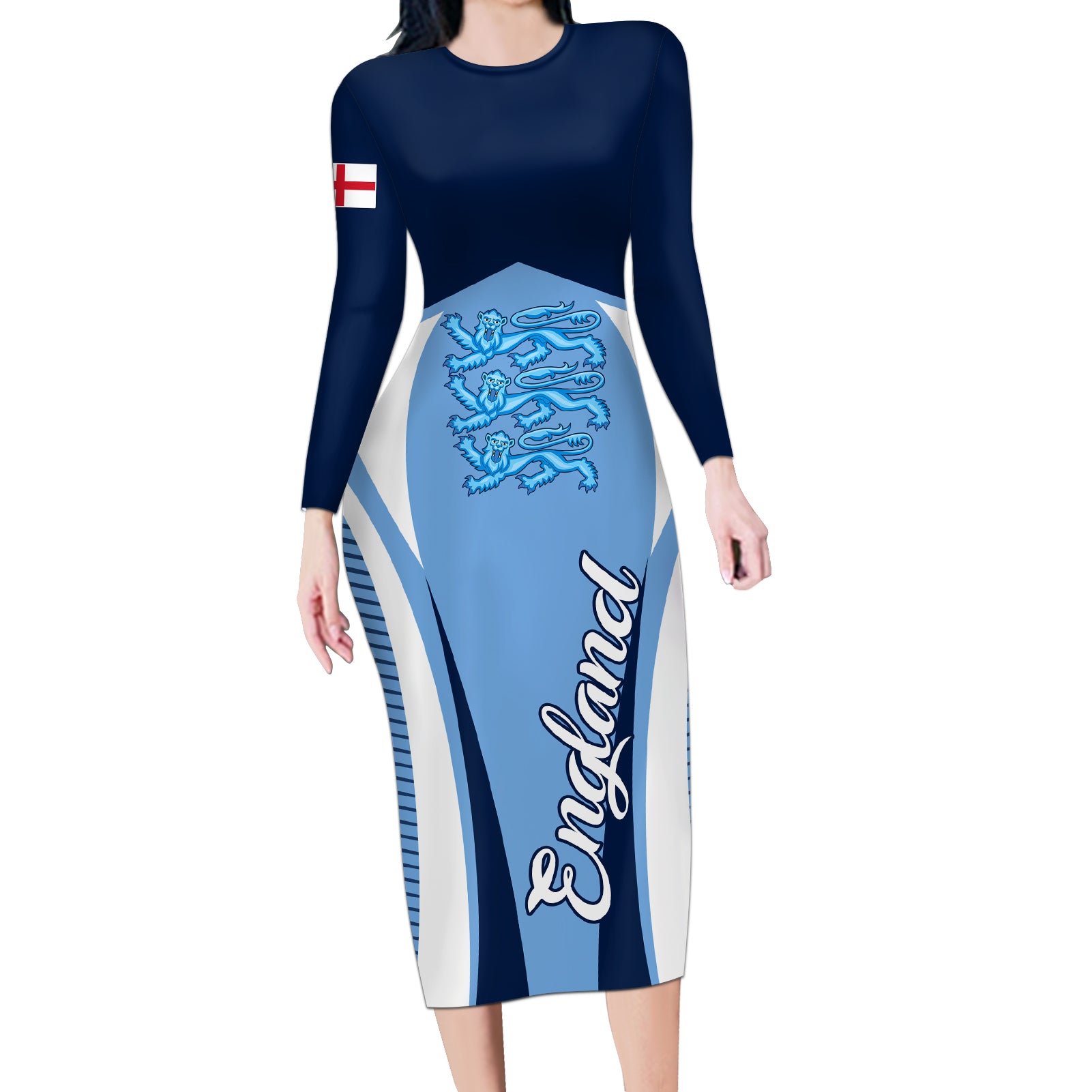 England Football Long Sleeve Bodycon Dress Lionesses Blue Sporty Style - Wonder Print Shop