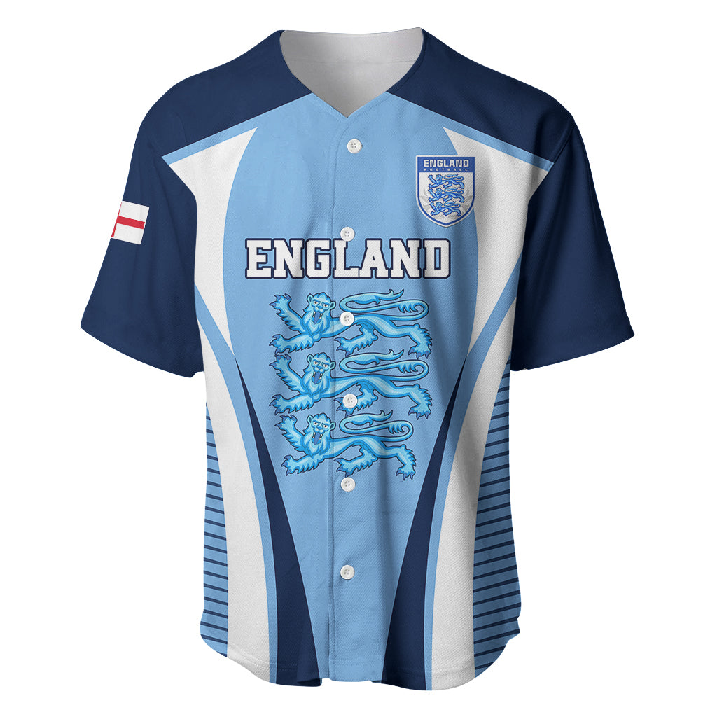 Blue England baseball jersey with crest and lion graphic, button front, short sleeves