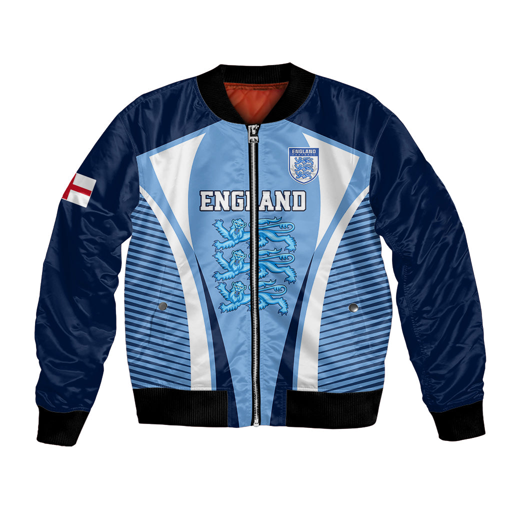 Personalized blue football bomber jacket, zip front, England crest and lion stripes