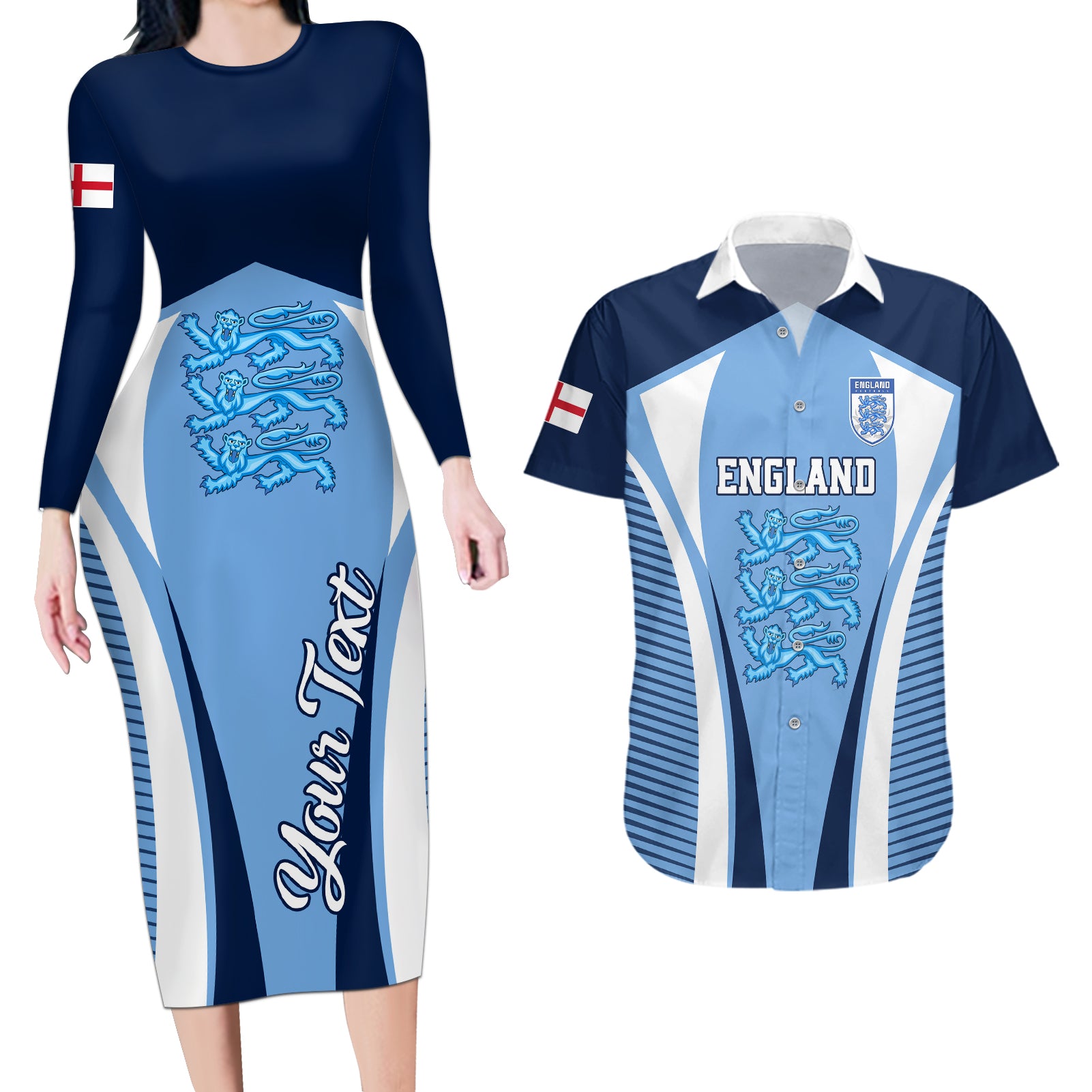 Personalised England Football Couples Matching Long Sleeve Bodycon Dress and Hawaiian Shirt Lionesses Blue Sporty Style - Wonder Print Shop