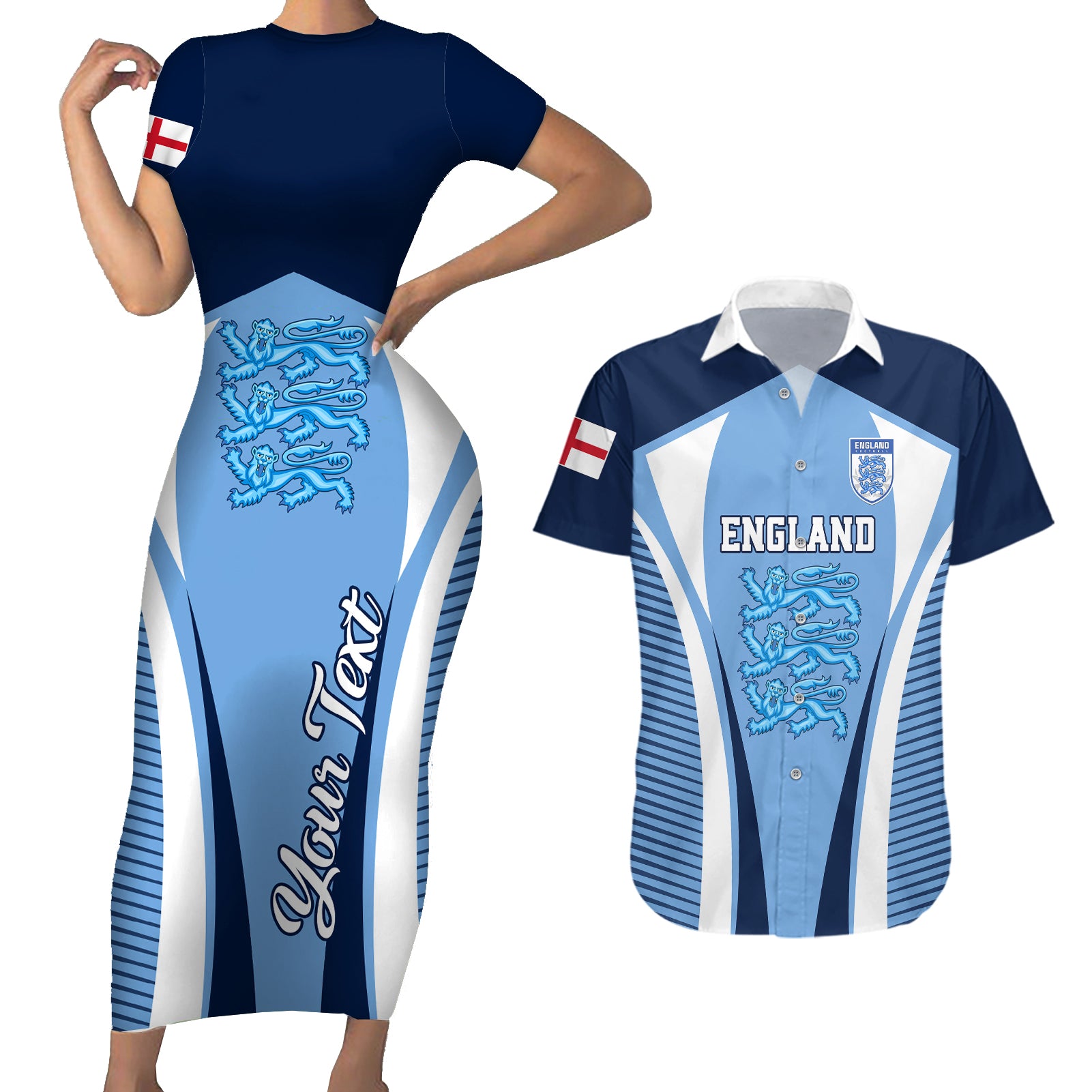 Personalised England Football Couples Matching Short Sleeve Bodycon Dress and Hawaiian Shirt Lionesses Blue Sporty Style - Wonder Print Shop