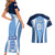 Personalised England Football Couples Matching Short Sleeve Bodycon Dress and Hawaiian Shirt Lionesses Blue Sporty Style - Wonder Print Shop