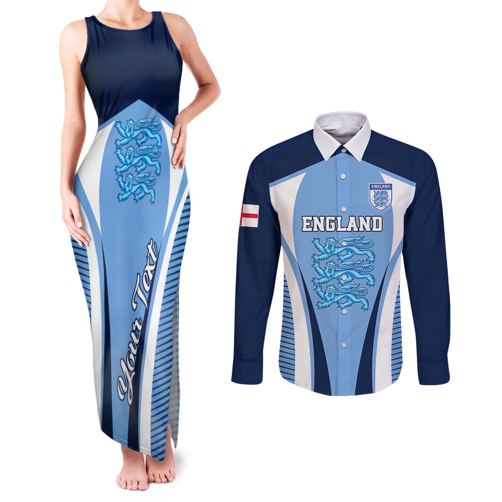 Personalised England Football Couples Matching Tank Maxi Dress and Long Sleeve Button Shirts Lionesses Blue Sporty Style - Wonder Print Shop