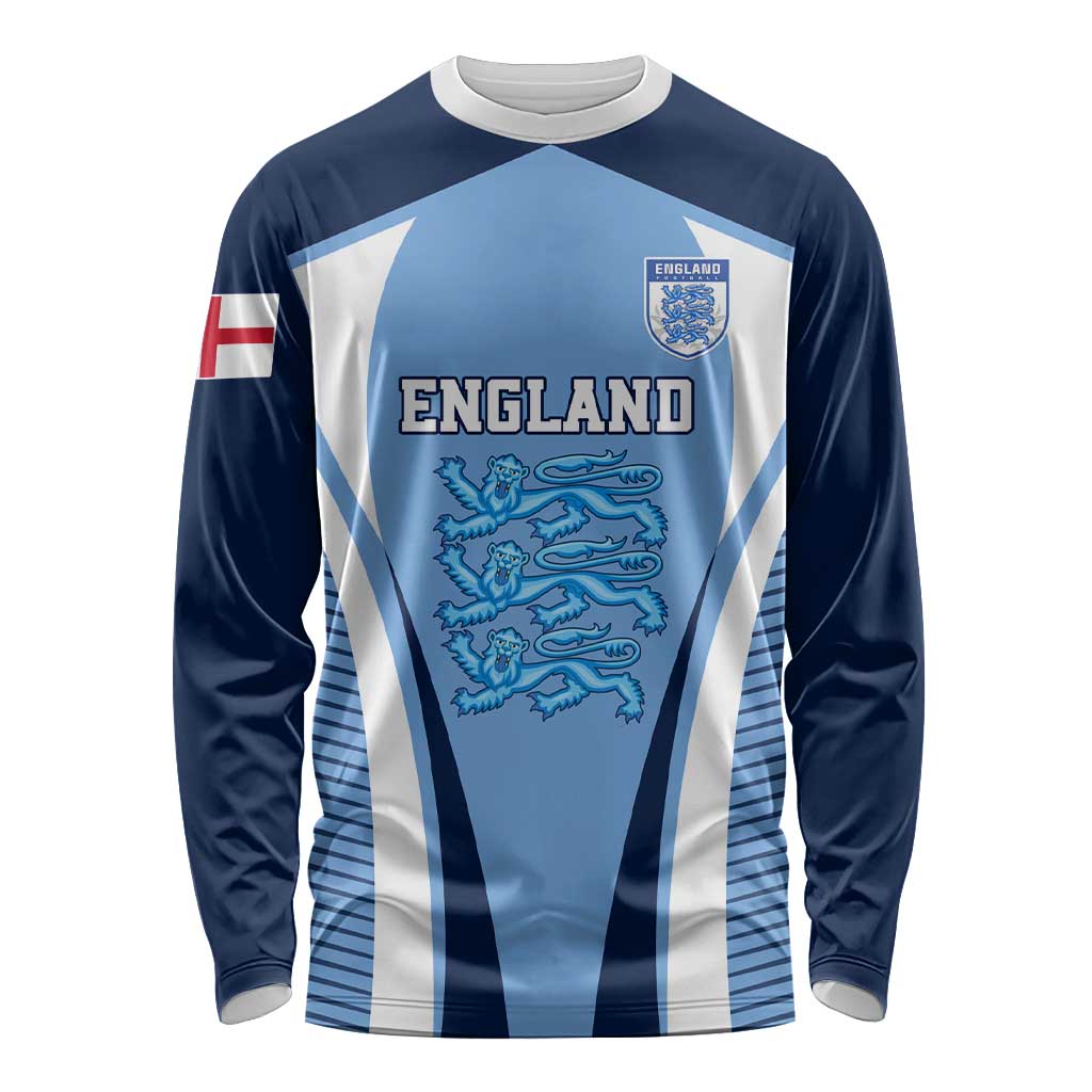 Blue and white striped long-sleeve football shirt with England crest and lion graphic