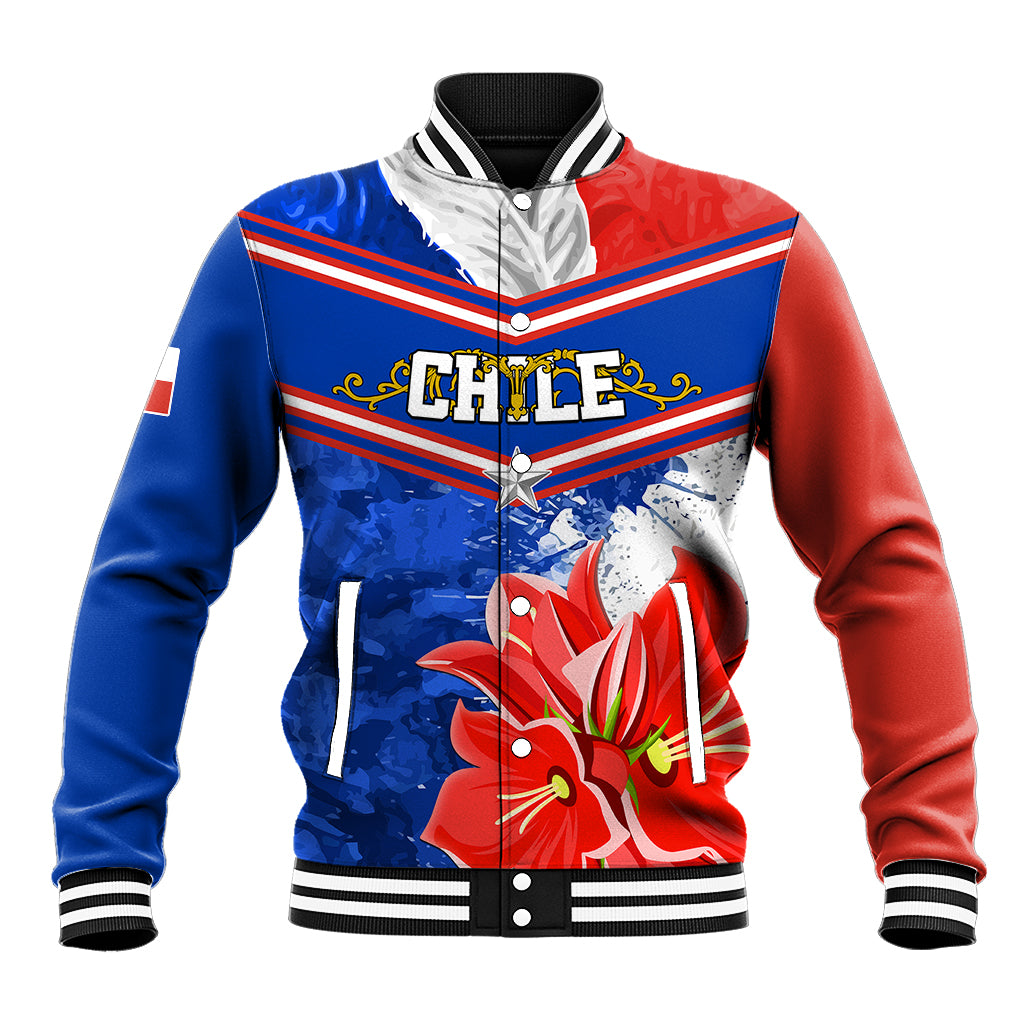 Unisex baseball jacket with blue, red, and white graphic front and striped ribbed trim