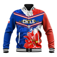 Unisex baseball jacket with blue, red, and white graphic front and striped ribbed trim