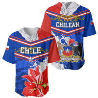 Chile-themed baseball jersey, red/blue with CHILE logo and star, floral print